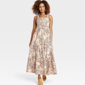 Knox Rose Sleevless A Line Tan Printed Maxi Dress Green Brown Blue Print